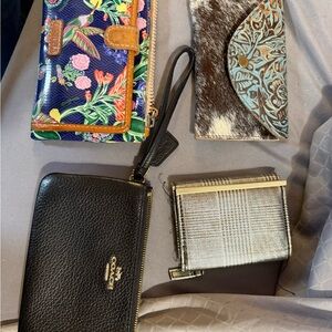 Coach Black Leather Zip Wristlet Wallet with Floral and Cowhide Accessories
